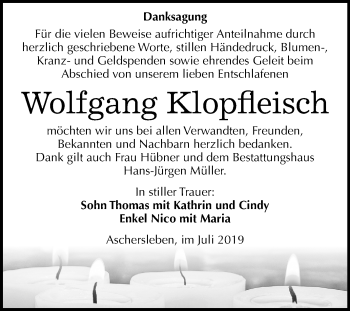 Traueranzeige von Wolfgang Klopfleisch von Wochenspiegel Aschersleben
