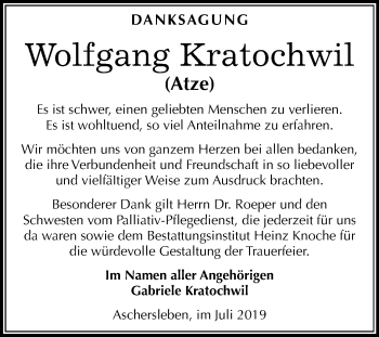 Traueranzeige von Wolfgang Kratochwil von Mitteldeutsche Zeitung Aschersleben