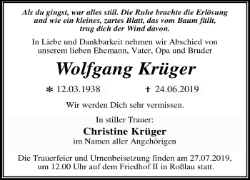 Traueranzeige von Wolfgang Krüger von Mitteldeutsche Zeitung Dessau-Roßlau