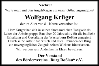 Traueranzeige von Wolfgang Krüger von Mitteldeutsche Zeitung Dessau-Roßlau