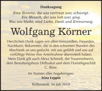 Traueranzeige von Wolfgang Körner von Wochenspiegel Quedlinburg