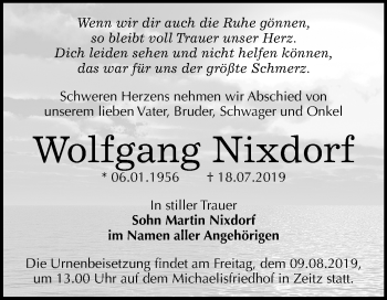 Traueranzeige von Wolfgang Nixdorf von Mitteldeutsche Zeitung Zeitz