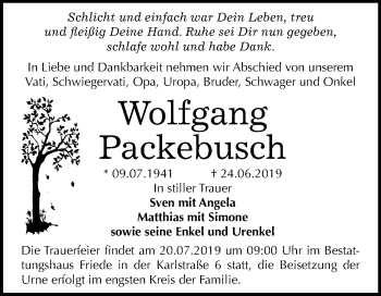 Traueranzeige von Wolfgang Packebusch von Super Sonntag Dessau-Roßlau