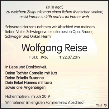 Traueranzeige von Wolfgang Reise von Mitteldeutsche Zeitung Weißenfels
