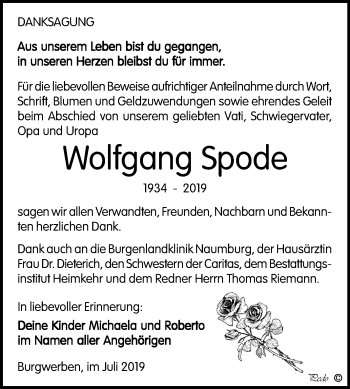 Traueranzeige von Wolfgang Spode von Wochenspiegel Weißenfels