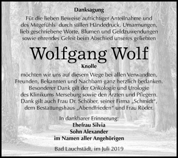 Traueranzeige von Wolfgang Wolf von Super Sonntag Merseburg/Querfurt