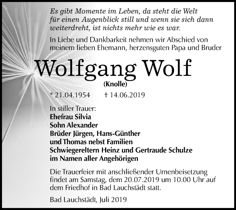  Traueranzeige für Wolfgang Wolf vom 13.07.2019 aus Mitteldeutsche Zeitung Merseburg/Querfurt