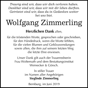Traueranzeige von Wolfgang Zimmerling von Super Sonntag Bernburg