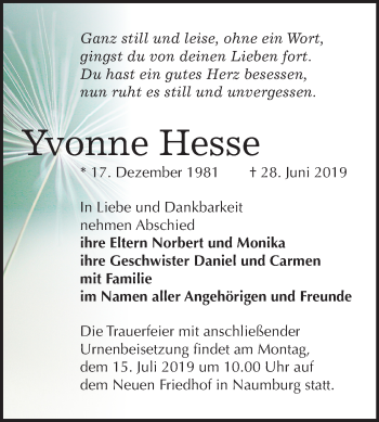 Traueranzeige von Yvonne Hesse von Mitteldeutsche Zeitung Naumburg/Nebra
