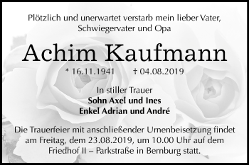 Traueranzeige von Achim Kaufmann von Mitteldeutsche Zeitung Bernburg