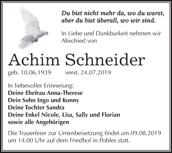 Traueranzeige von Achim Schneider von Wochenspiegel Weißenfels