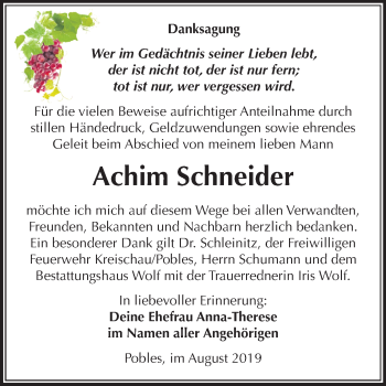 Traueranzeige von Achim Schneider von Mitteldeutsche Zeitung Weißenfels