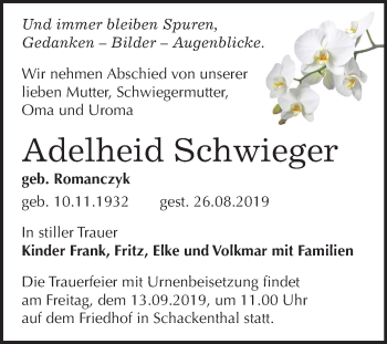 Traueranzeige von Adelheid Schwieger von Mitteldeutsche Zeitung Aschersleben