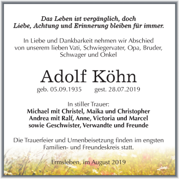 Traueranzeige von Adolf Köhn von Mitteldeutsche Zeitung Quedlinburg