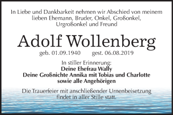 Traueranzeige von Adolf Wollenberg von Super Sonntag Wittenberg