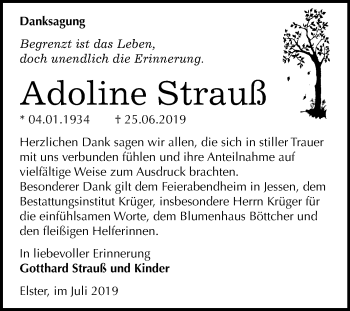 Traueranzeige von Adoline Strauß von Super Sonntag Wittenberg