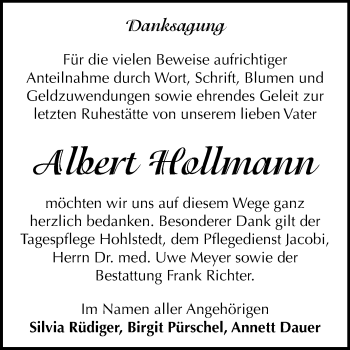 Traueranzeige von Albert Hollmann von Super Sonntag Sangerhausen