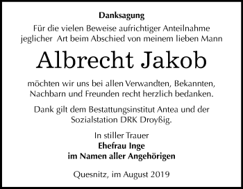 Traueranzeige von Albrecht Jakob von Mitteldeutsche Zeitung Zeitz