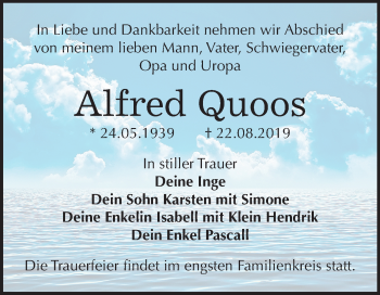 Traueranzeige von Alfred Quoos von Super Sonntag Wittenberg