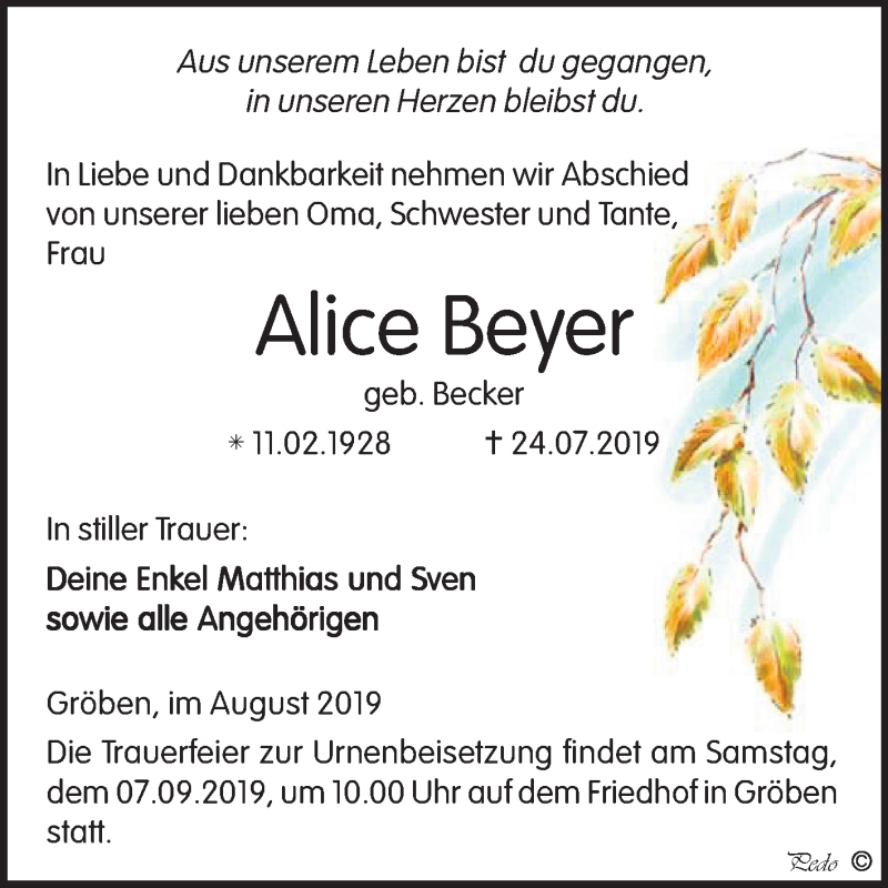  Traueranzeige für Alice Beyer vom 14.08.2019 aus Wochenspiegel Weißenfels