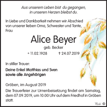 Traueranzeige von Alice Beyer von Mitteldeutsche Zeitung Weißenfels