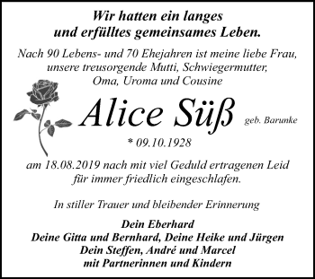 Traueranzeige von Alice Süß von Mitteldeutsche Zeitung Dessau-Roßlau