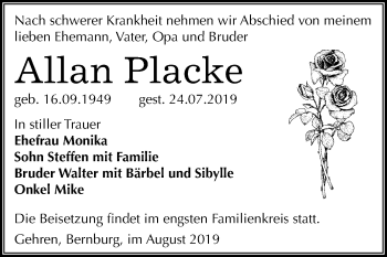 Traueranzeige von Allan Placke von Super Sonntag Bernburg