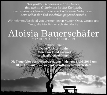 Traueranzeige von Aloisia Bauerschäfer von Mitteldeutsche Zeitung Mansfelder Land