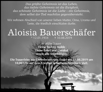 Traueranzeige von Aloisia Bauerschäfer von Super Sonntag Mansfelder Land