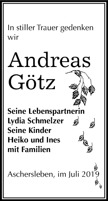 Traueranzeige von Andreas Götz von Mitteldeutsche Zeitung Aschersleben