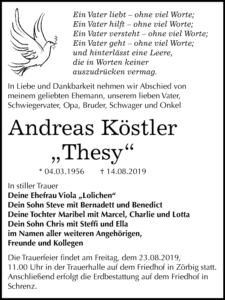  Traueranzeige für Andreas Köstler vom 21.08.2019 aus Wochenspiegel Bitterfeld