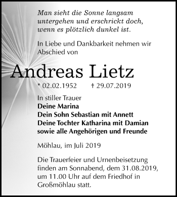Traueranzeige von Andreas Lietz von Mitteldeutsche Zeitung Wittenberg