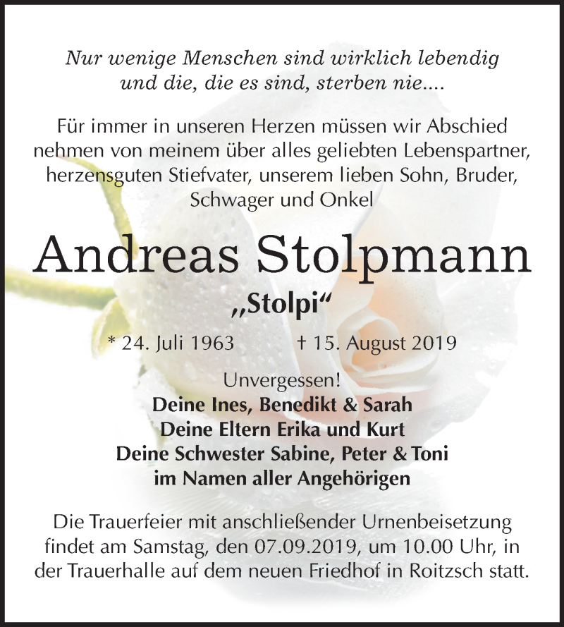  Traueranzeige für Andreas Stolpmann vom 31.08.2019 aus Mitteldeutsche Zeitung Bitterfeld