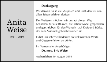 Traueranzeige von Anita Weise von Mitteldeutsche Zeitung Aschersleben