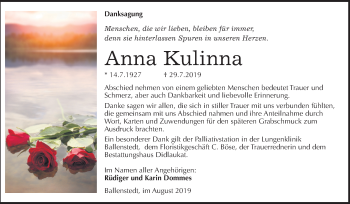 Traueranzeige von Anna Kulinna von Mitteldeutsche Zeitung Quedlinburg