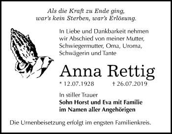 Traueranzeige von Anna Rettig von Mitteldeutsche Zeitung Bernburg