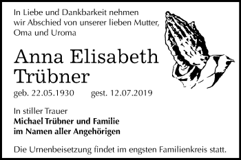 Traueranzeige von Anna Elisabeth Trübner von Mitteldeutsche Zeitung Bitterfeld