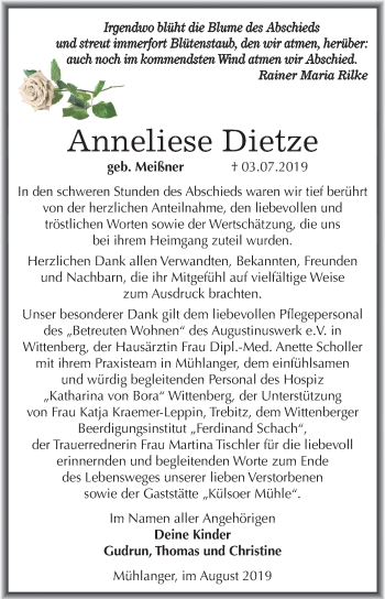 Traueranzeige von Anneliese Dietze von Super Sonntag Wittenberg