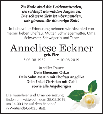 Traueranzeige von Anneliese Eckner von Super Sonntag Köthen