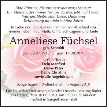 Traueranzeige von Anneliese Füchsel von Mitteldeutsche Zeitung Sangerhausen