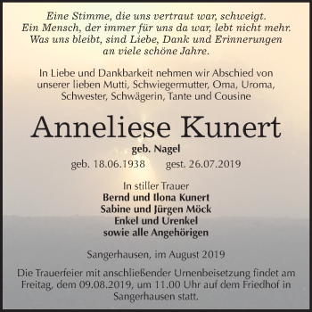 Traueranzeige von Anneliese Kunert von Super Sonntag Sangerhausen