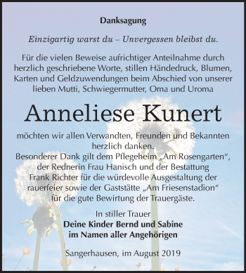 Traueranzeige von Anneliese Kunert von Super Sonntag Sangerhausen