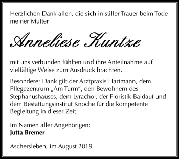 Traueranzeige von Anneliese Kuntze von Mitteldeutsche Zeitung Aschersleben