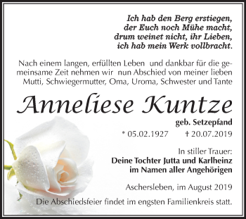 Traueranzeige von Anneliese Kuntze von Super Sonntag Aschersleben