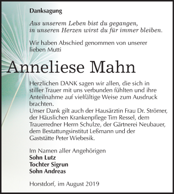 Traueranzeige von Anneliese Mahn von Super Sonntag Wittenberg