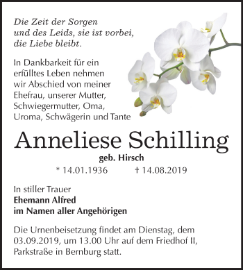 Traueranzeige von Anneliese Schilling von Super Sonntag Bernburg