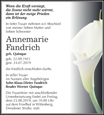 Traueranzeige von Annemarie Fandrich von Mitteldeutsche Zeitung Wittenberg
