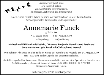 Traueranzeige von Annemarie Funck von Mitteldeutsche Zeitung Quedlinburg