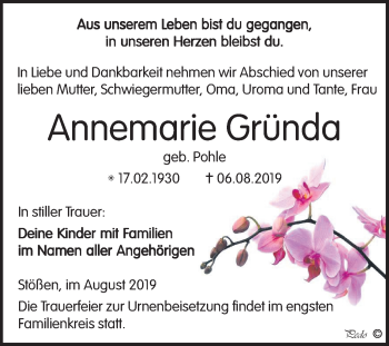 Traueranzeige von Annemarie Gründa von Mitteldeutsche Zeitung Weißenfels