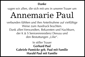 Traueranzeige von Annemarie Paul von Super Sonntag Dessau-Roßlau